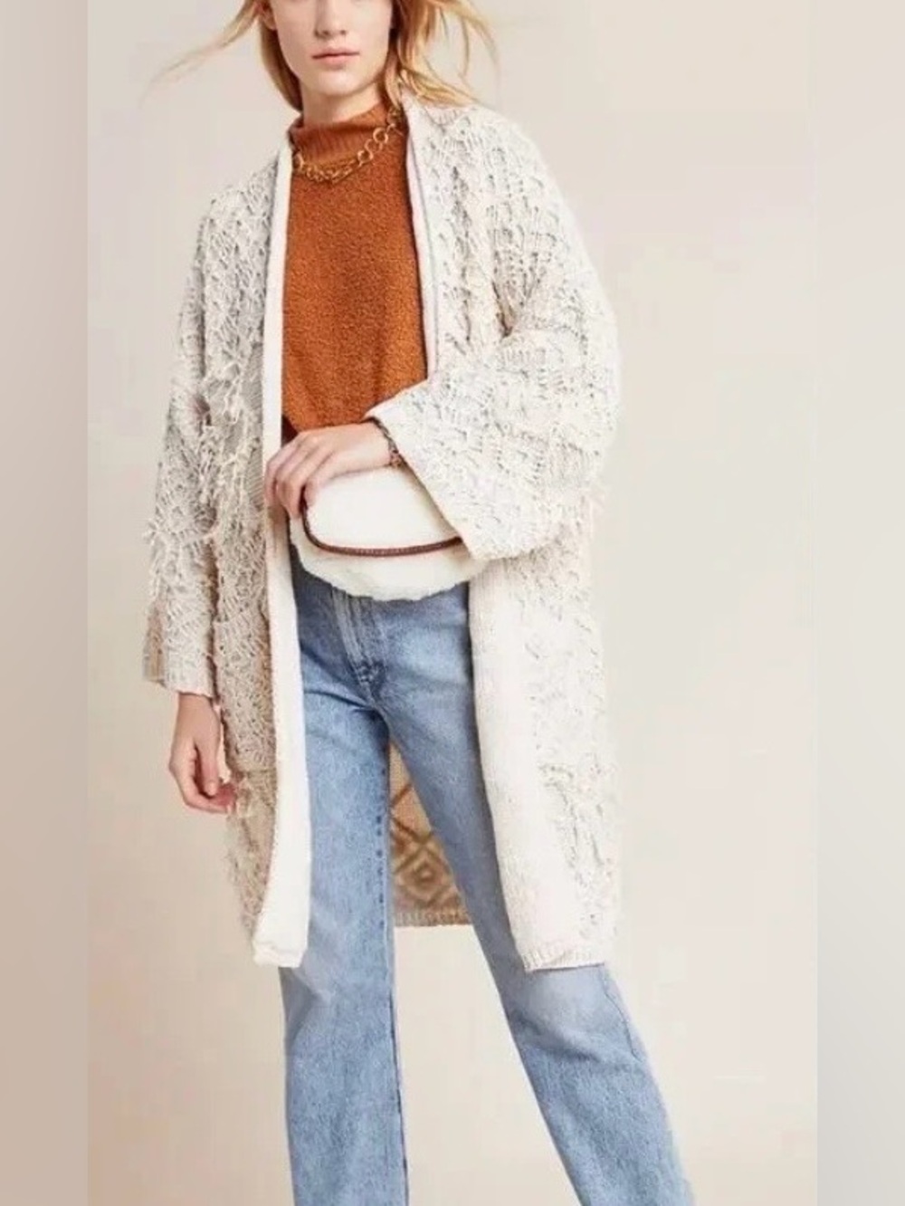 Anthropologie Akemi + Kin lone Cardigan Sweater Kimono Textured Cream One Size